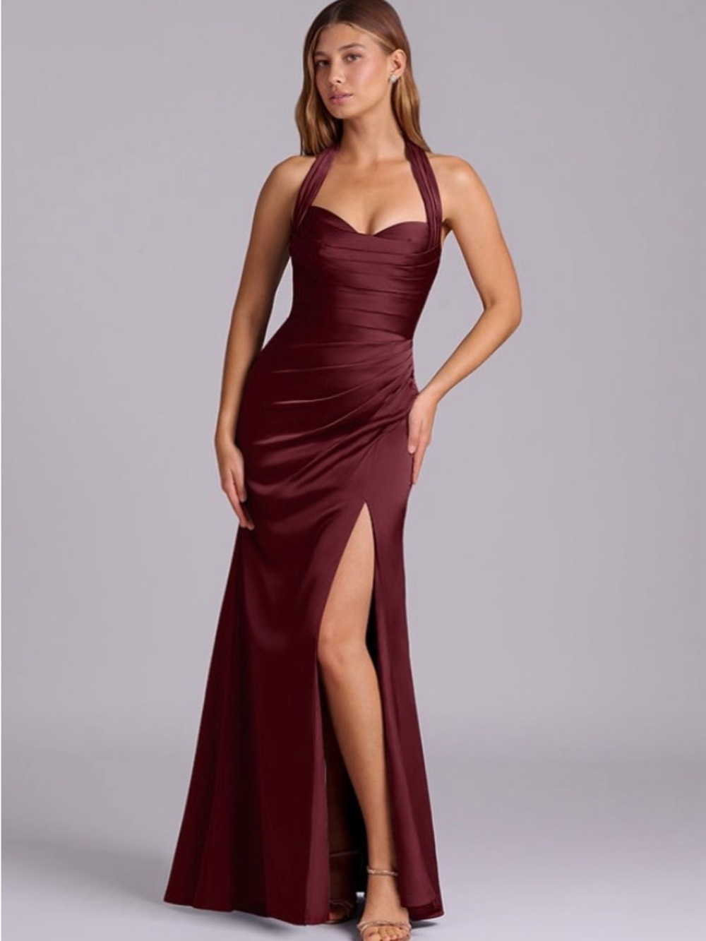 Azazie Burgundy Halter Maxi Dress with Side Slit